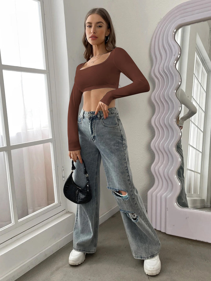 Brown Full Sleeve Round Scoop Neck Crop Top