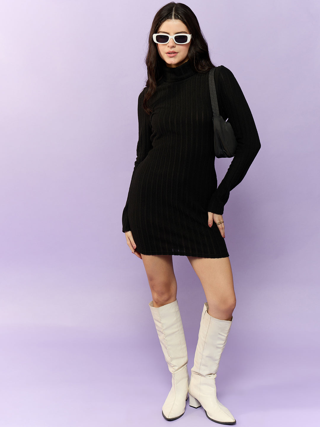 Black High Neck Solid Bodycon Dress