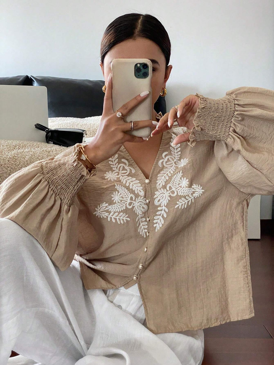 Khaki Bishop Sleeve V Neck Embroidered Top