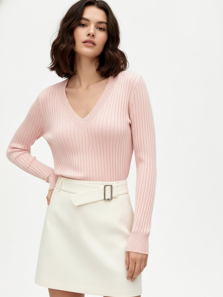 Pink Full Sleeve V Neck Fitted Top