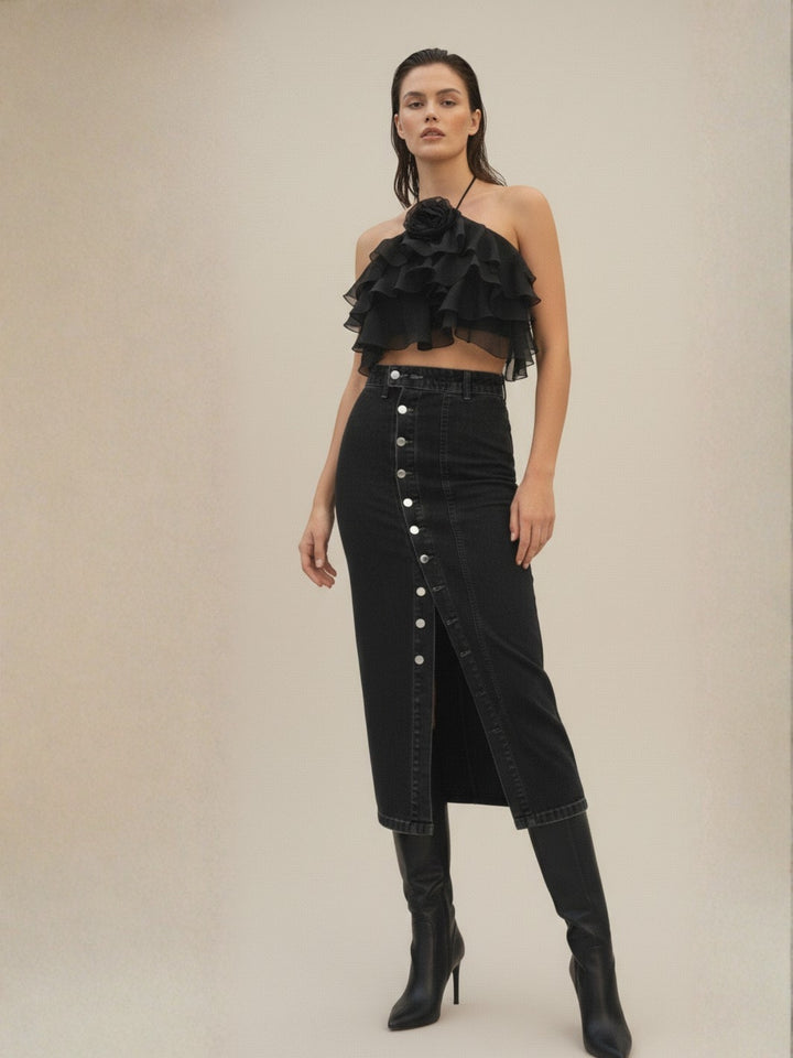Black High Waist Front Button Slit Skirt