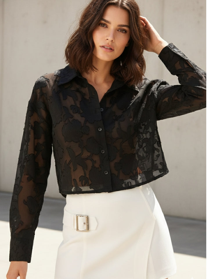 Black Mirco Sheer Jacquard Pattern Shirt
