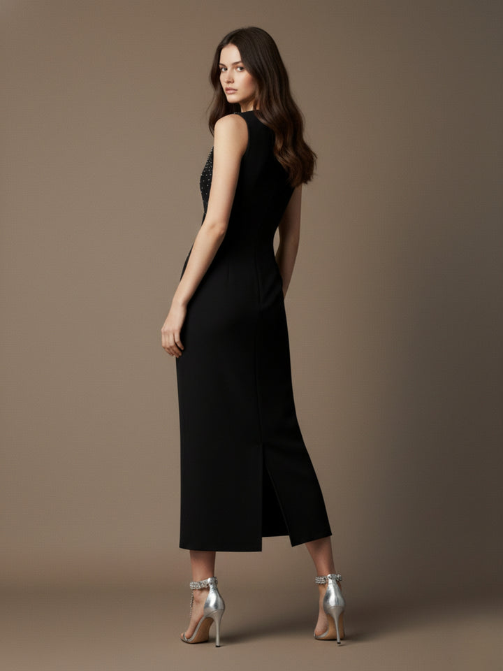 Black High Neck Studded Midi Dress