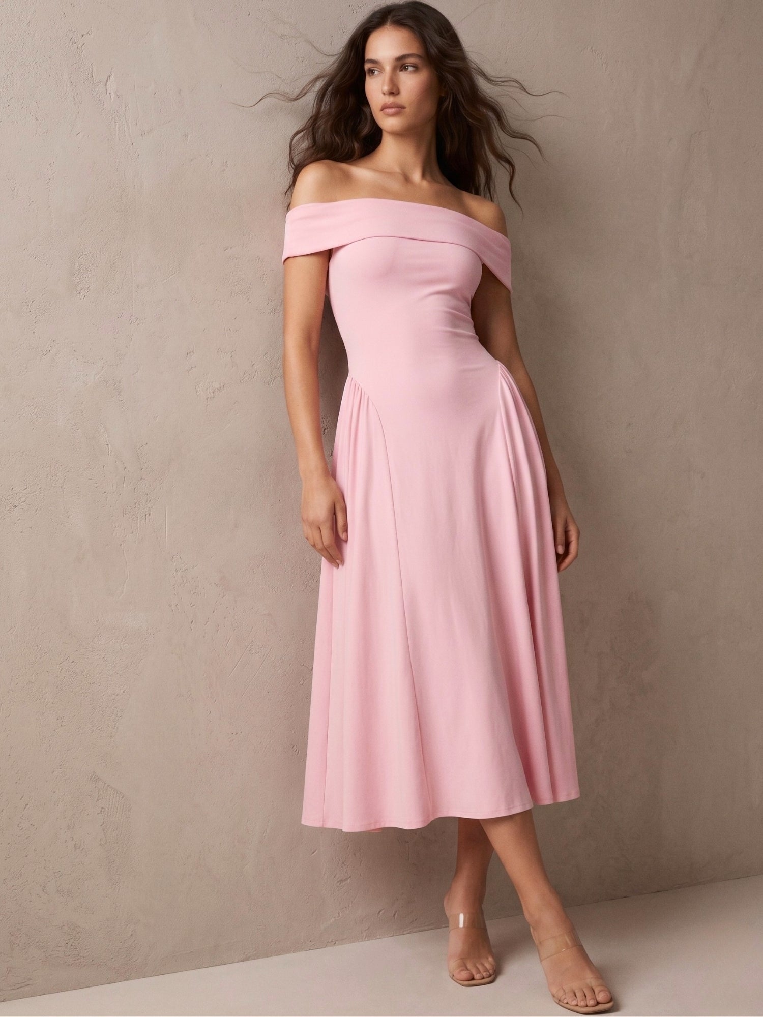 Pink Off Shoulder Tailored Flouncy Dress