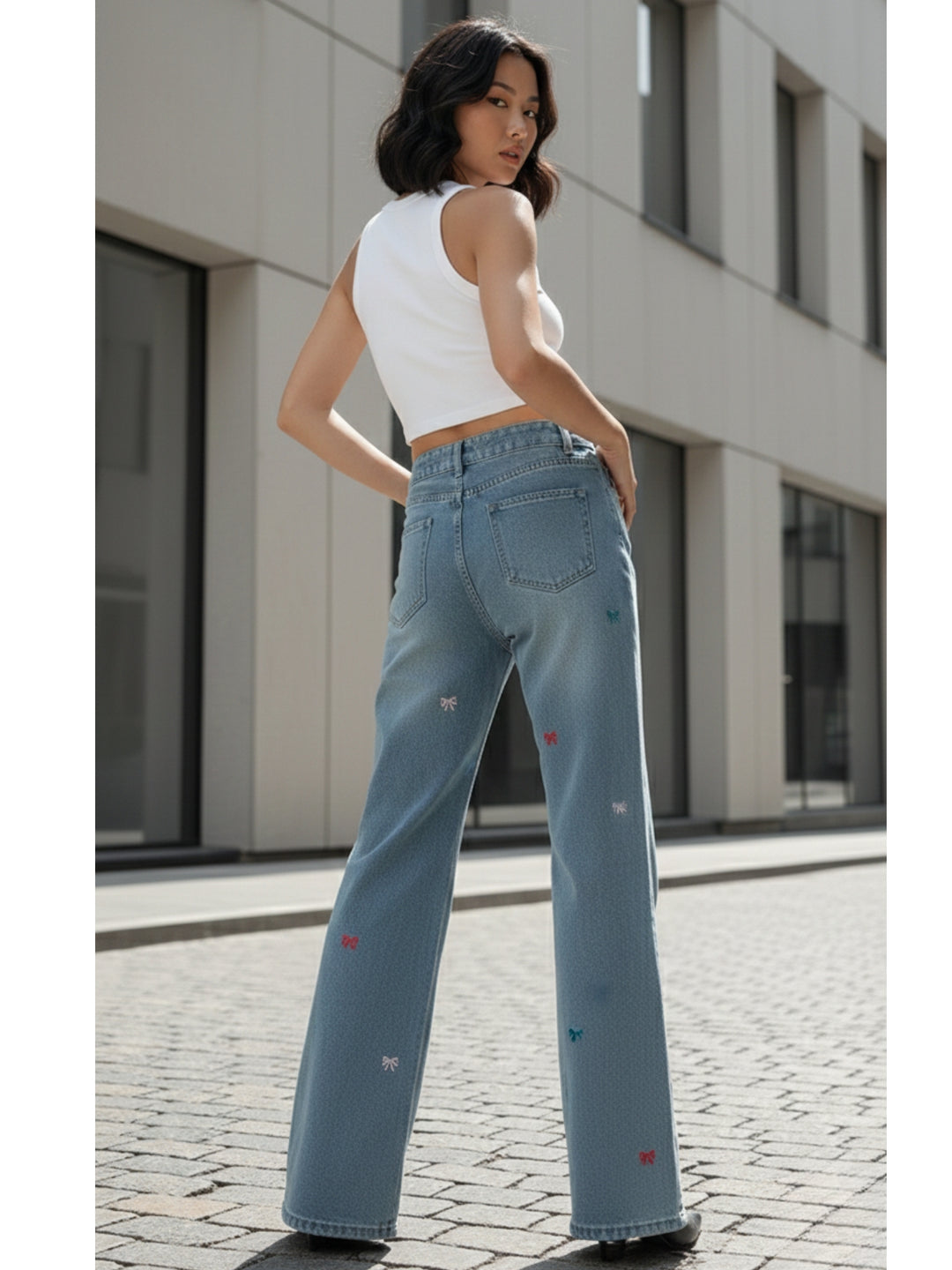 Blue High Waist Bow Printed Wide Leg Jeans