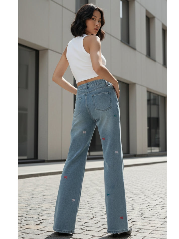 Blue High Waist Bow Printed Wide Leg Jeans