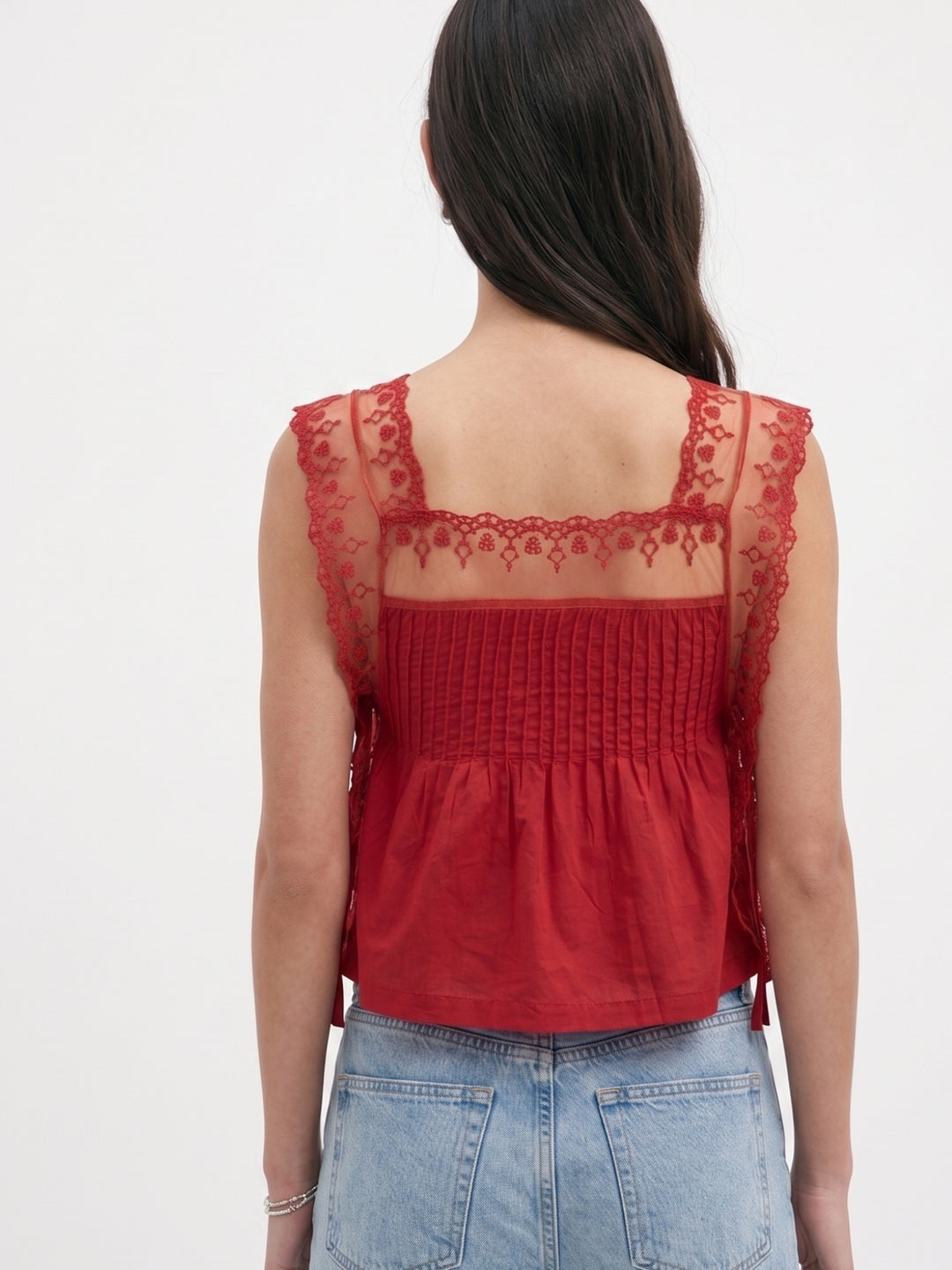 Red Lace Detail Side Tie-Up Top