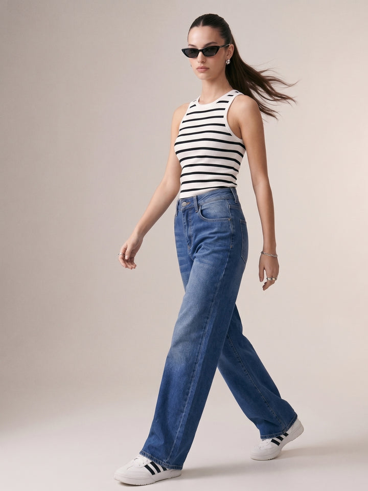 Blue Clean Washed Folded Hem Jeans