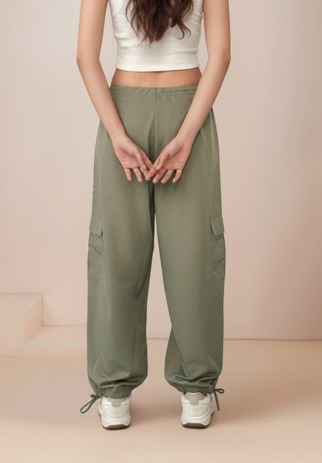 Olive Cargo Pockets Drawstring Wid Leg Trouser