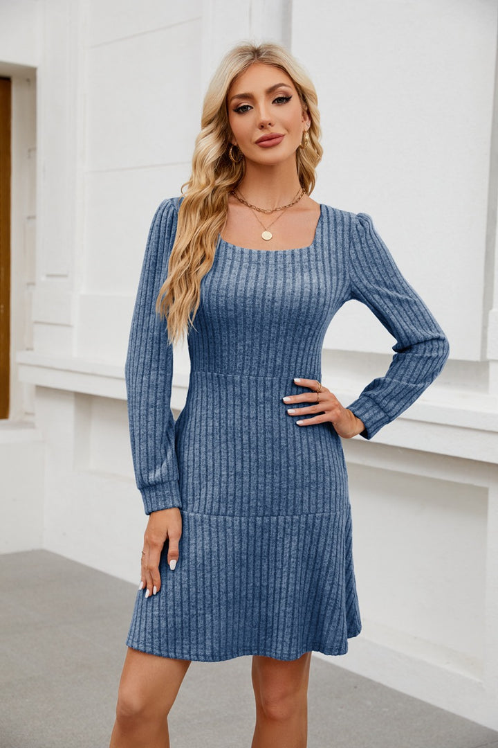 Blue Wide Spaced Rib Mini Dress