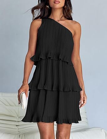 Black One Shoulder Three Tiered Pleated Dress