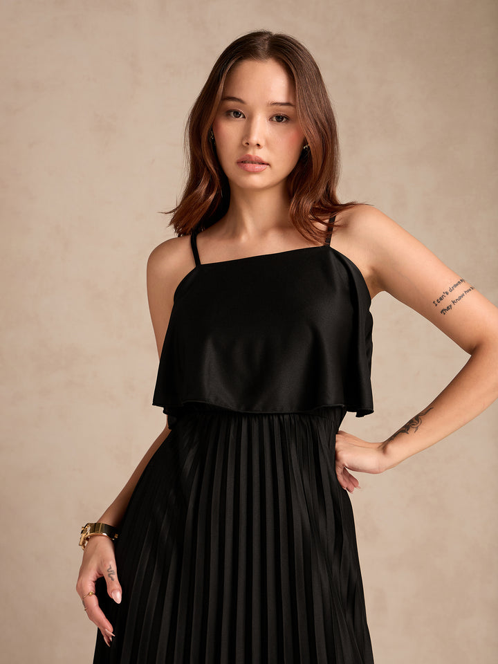 Black Strappy Pleated Maxi Dress