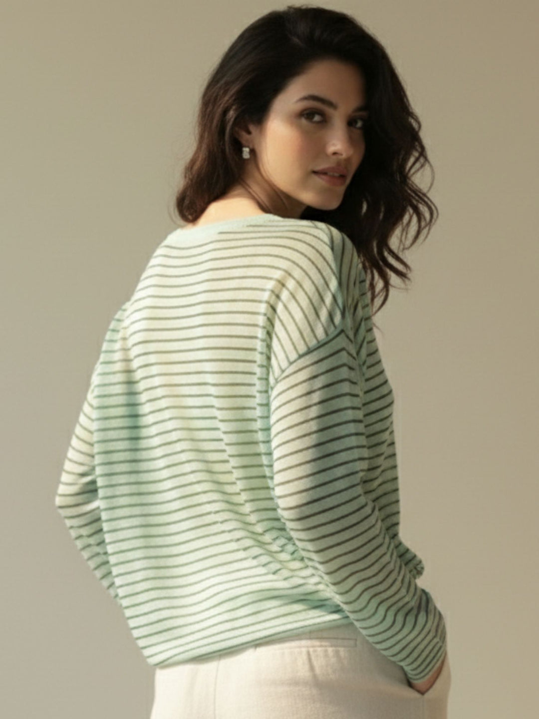 Green Full Sleeve Striped Relaxed Round Neck T Shirt