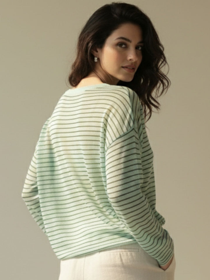Green Full Sleeve Striped Relaxed Round Neck T Shirt