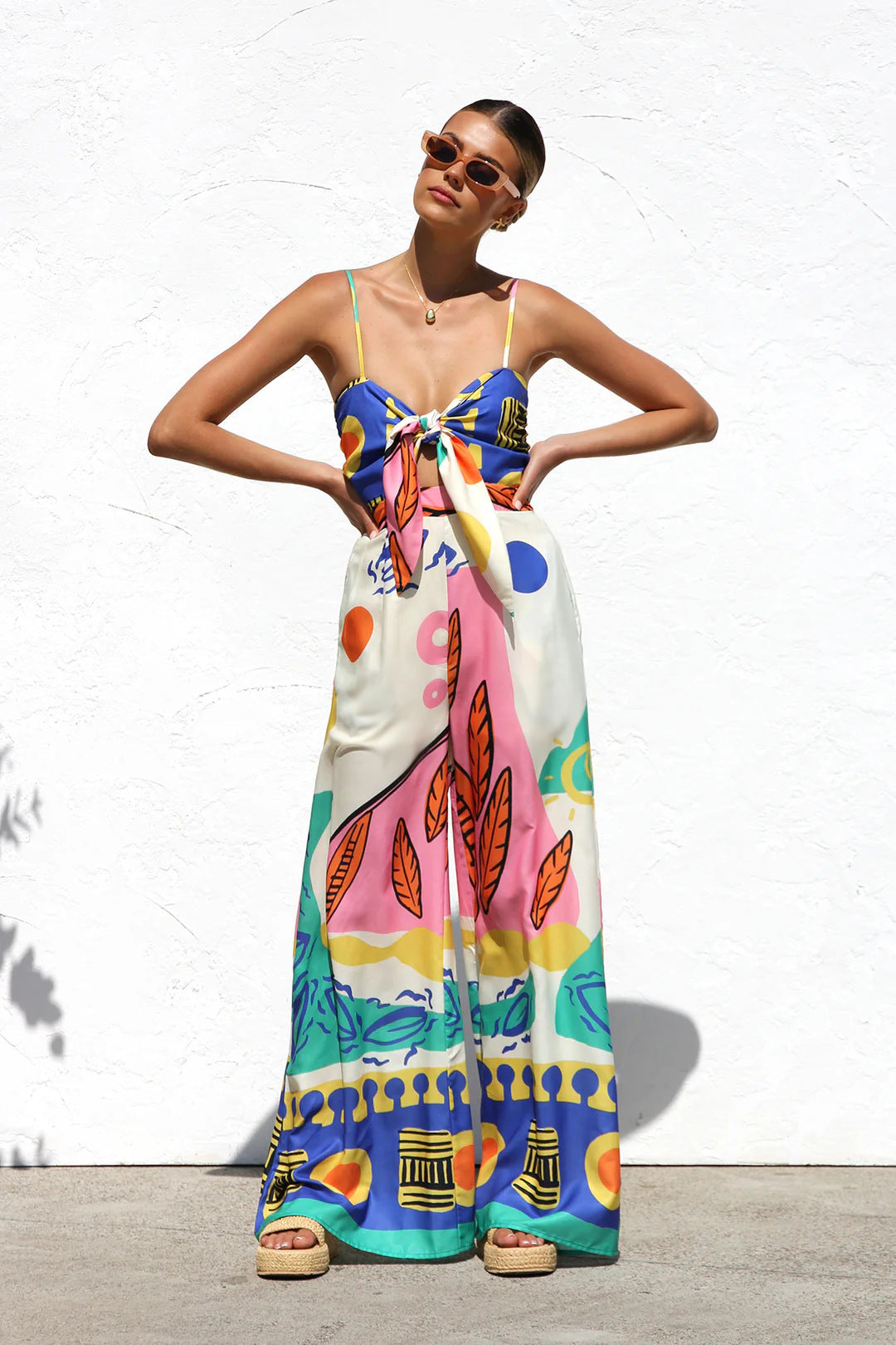 Blue Abstract Printed Spaghetti Strap Front Knot Dress