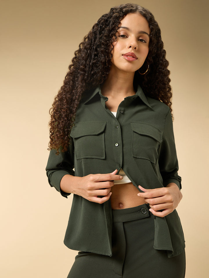 Green Relaxed Fit Shirt With Pocket Details
