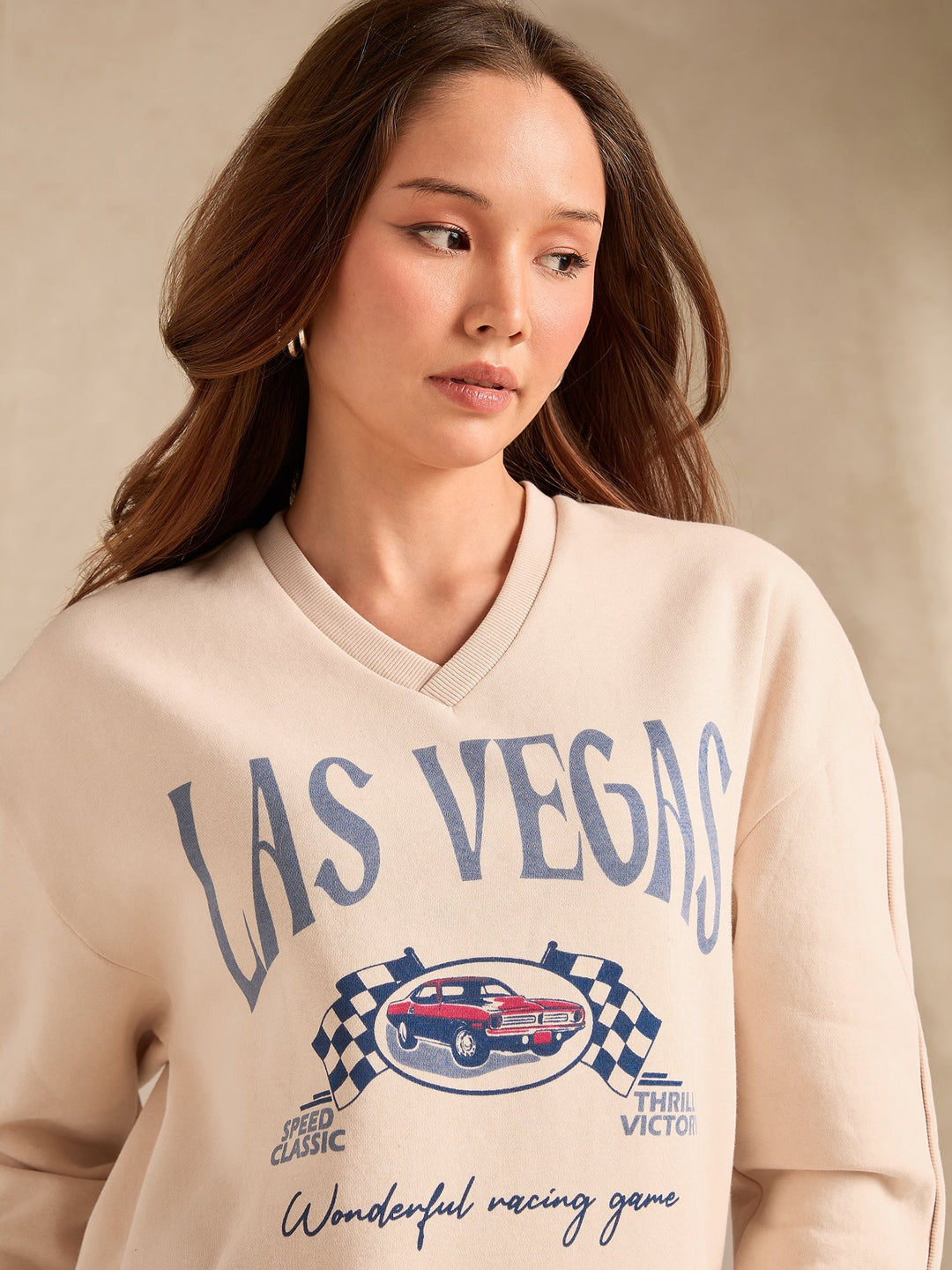 Cream Retro Racing Graphic Russian Fleece Pullover