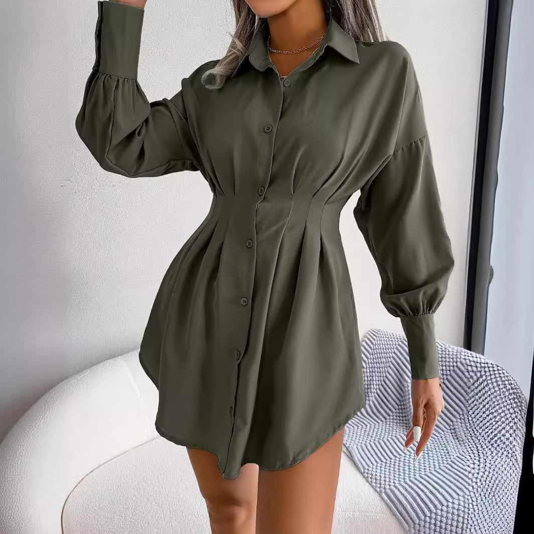 Olive Sinched Waist Shirt Dress