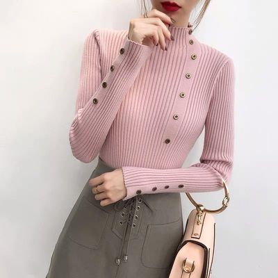 Pink Full Sleeve Button Trim Fitted Sweaters