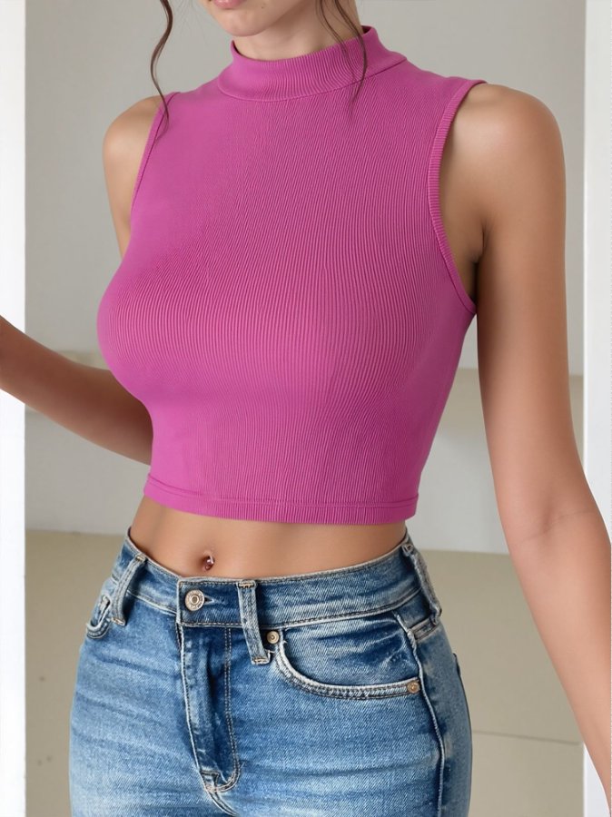 Magenta Sleeveless Turtle Neck Crop Top