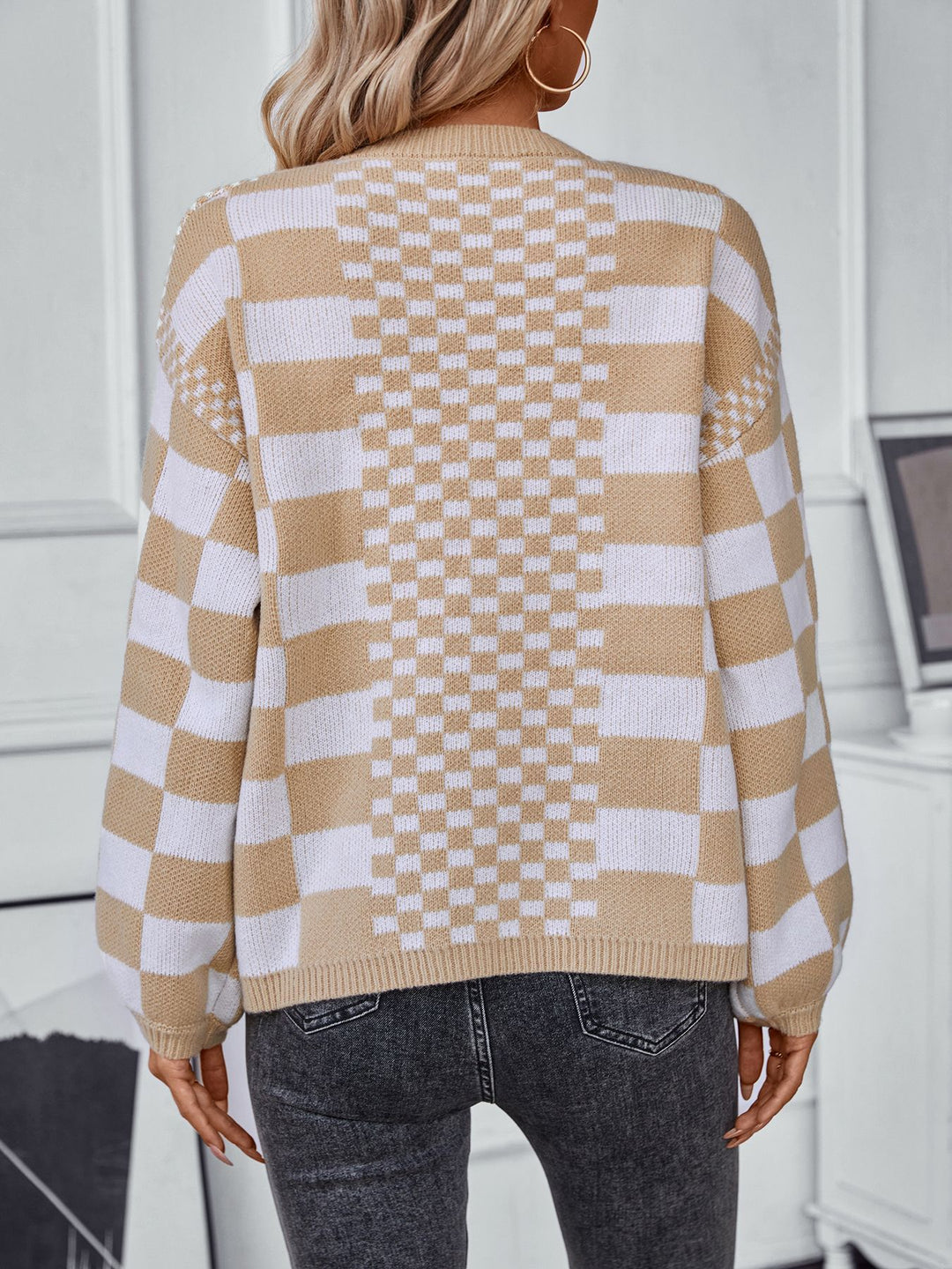 Beige Full Sleeves Checkered Cardigan