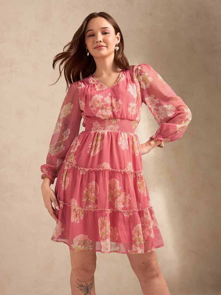 Pink Printed Full Sleeves Waist Smoked Dress