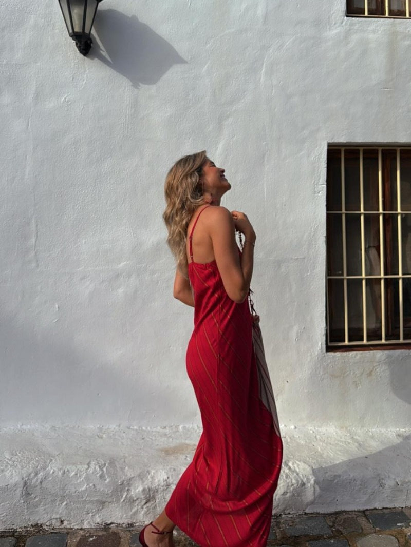 Red Spaghetti Strap Colour Block Dress