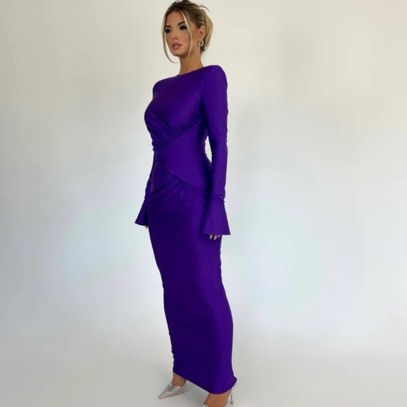 Purple Full Sleeves Waist Detail Dress