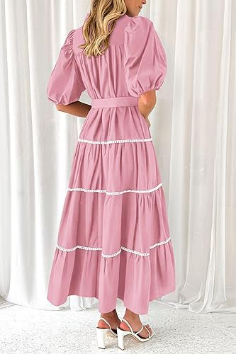 Pink Button Down Puff Sleeved Shirt Dress