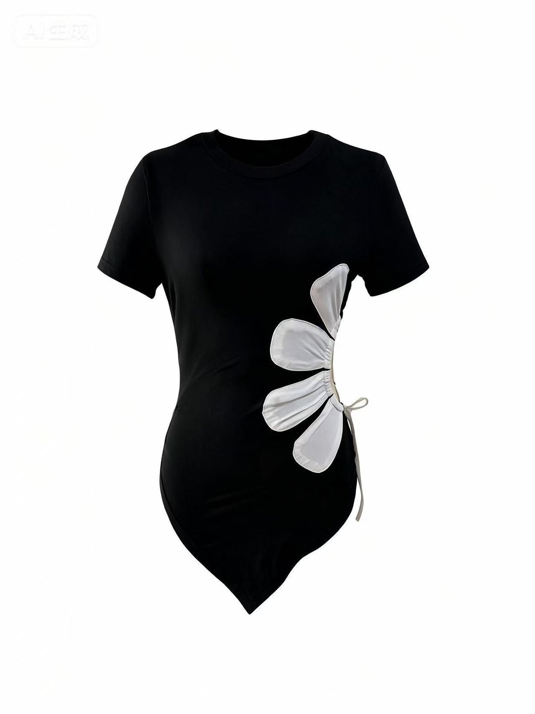 Black Short Sleeve Asymmetrical Hem Waist Detail Top