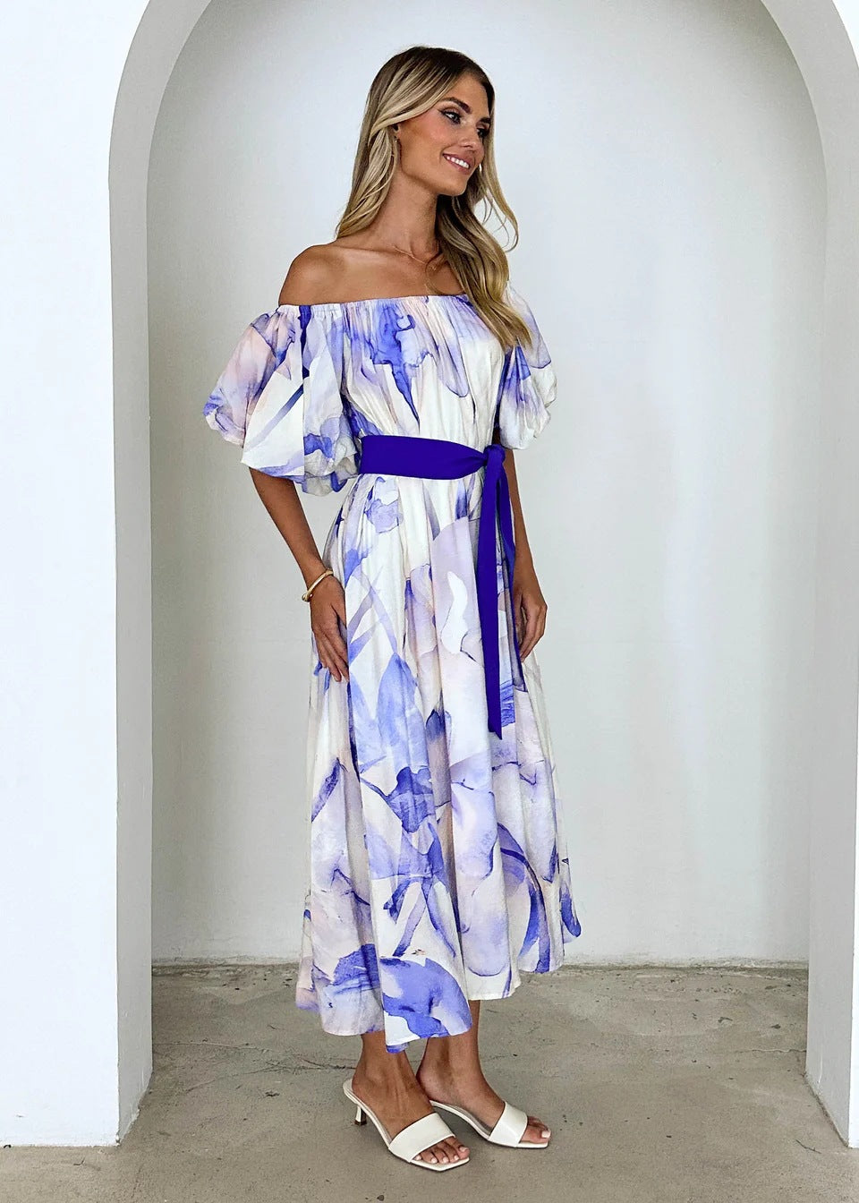 Blue Off Shoulder Waist Tie-Up Dress
