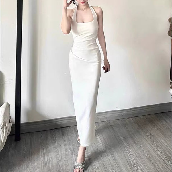 White Solid Fitted Halter Neck Dress