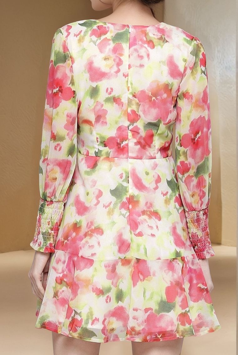 Multi Full Sleeve Floral Printed V Neck Waist Cut-Out Dress