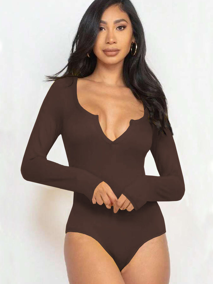 Brown Full Sleeved Scoop V-Neck Bodysuit