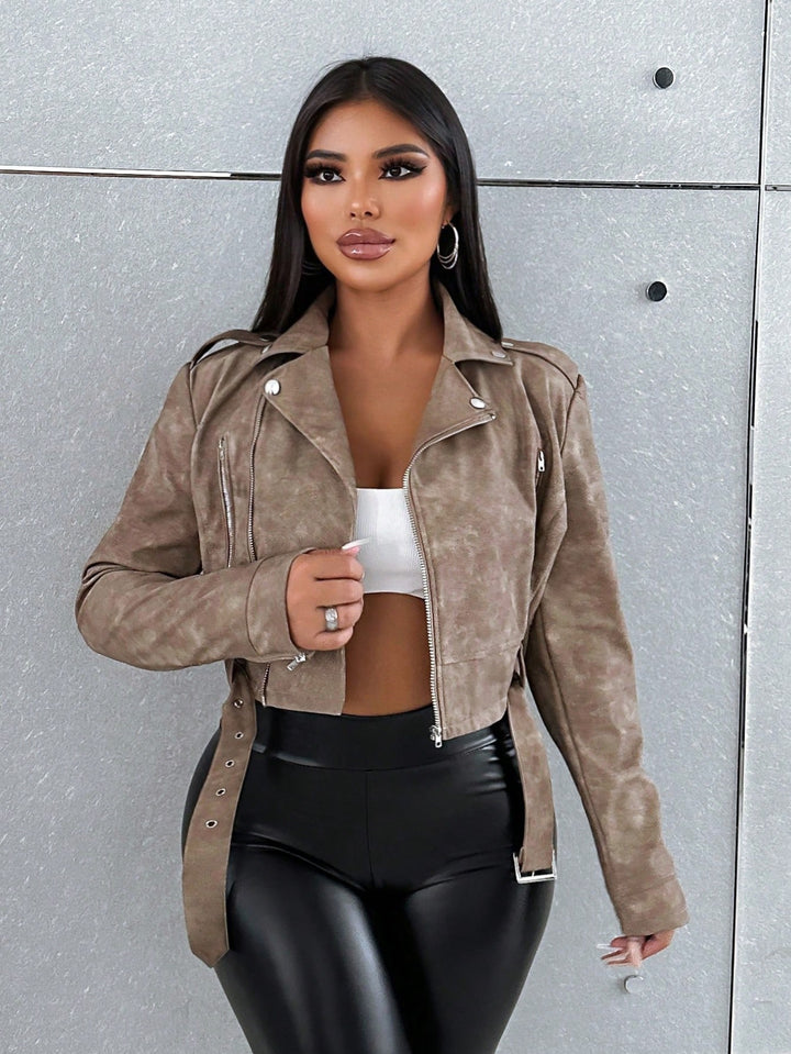 Brown Full Sleeve Belted Suede Jacket