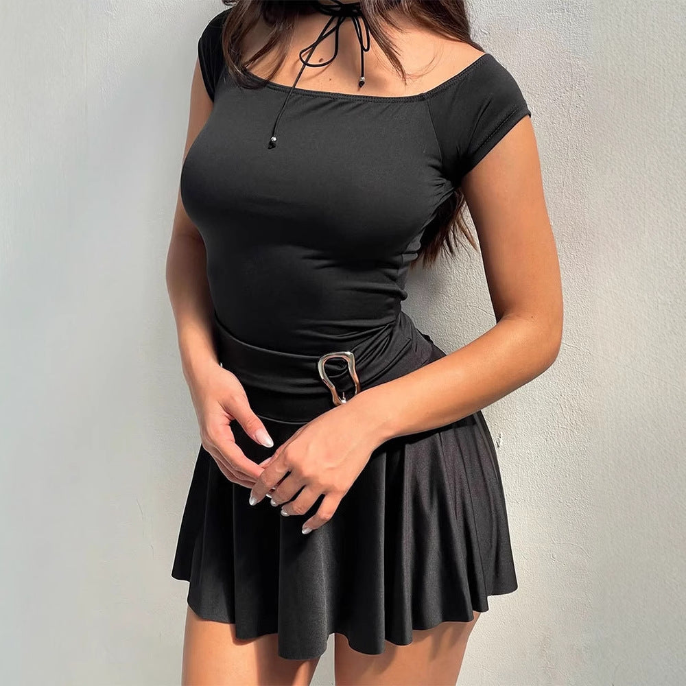 Black Off-Shoulder Skater Solid Dress