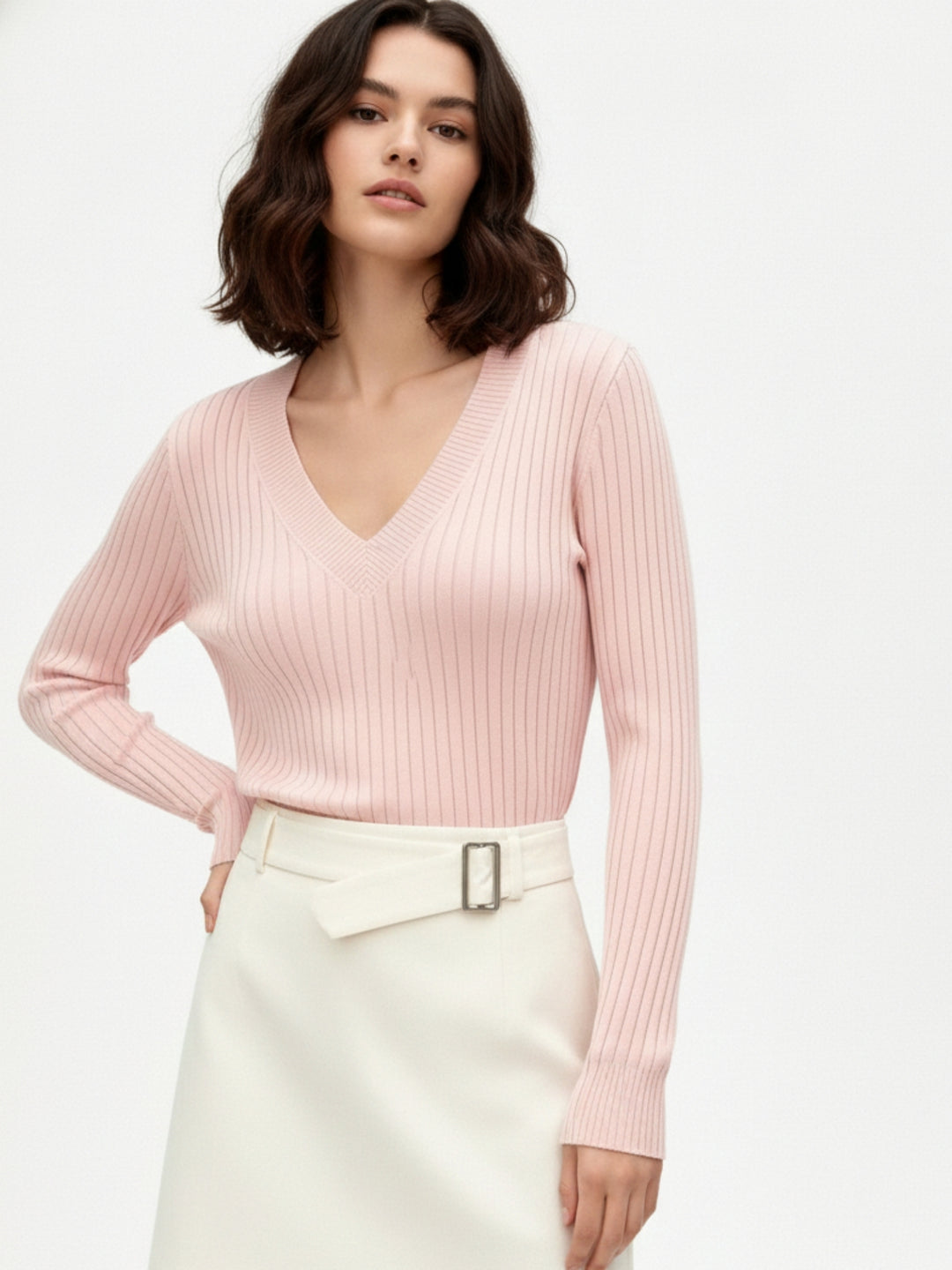 Pink Full Sleeve V Neck Fitted Top