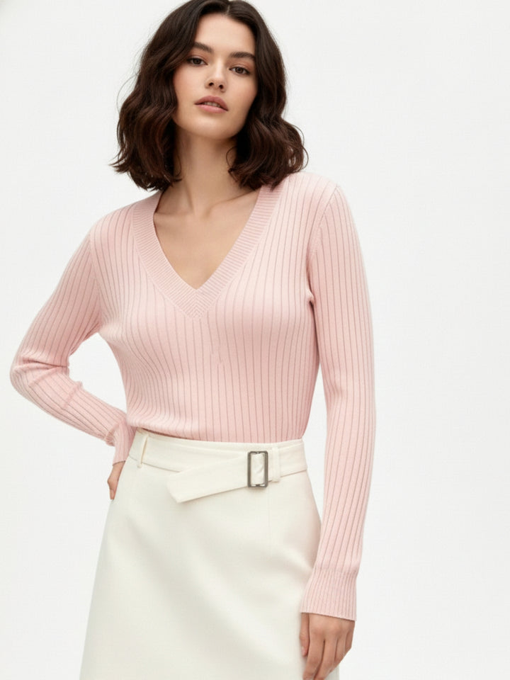 Pink Full Sleeve V Neck Fitted Top