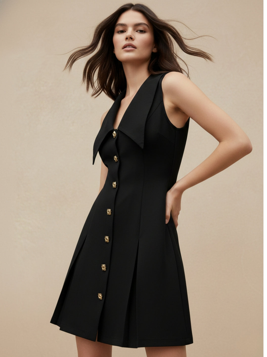 Black Plunge Neck Exaggerated Collared Dress