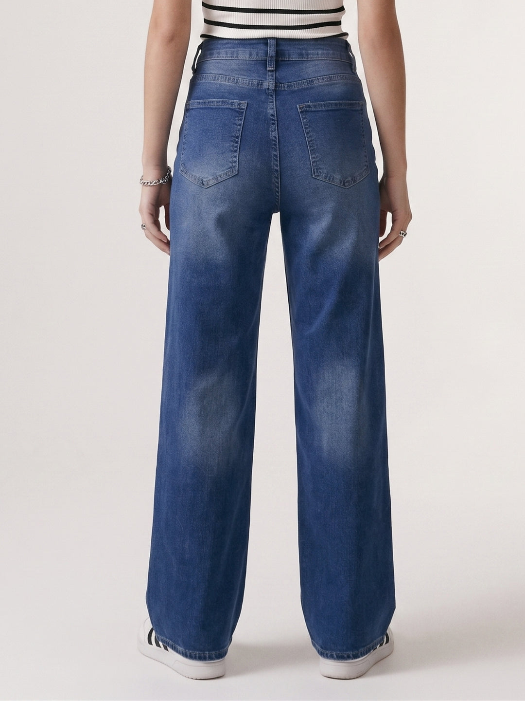 Blue Clean Washed Folded Hem Jeans