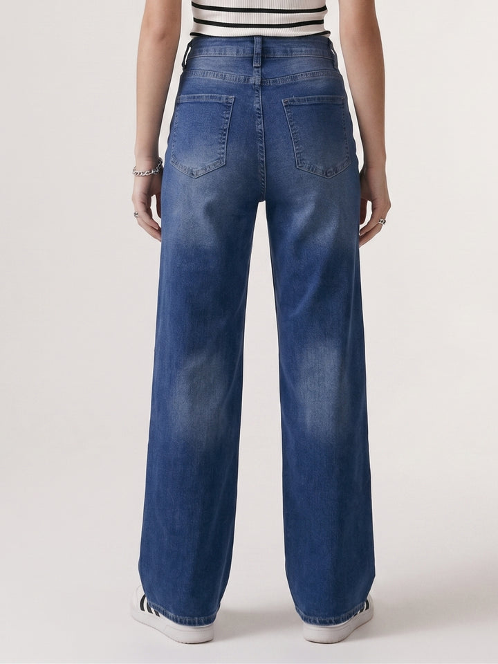 Blue Clean Washed Folded Hem Jeans
