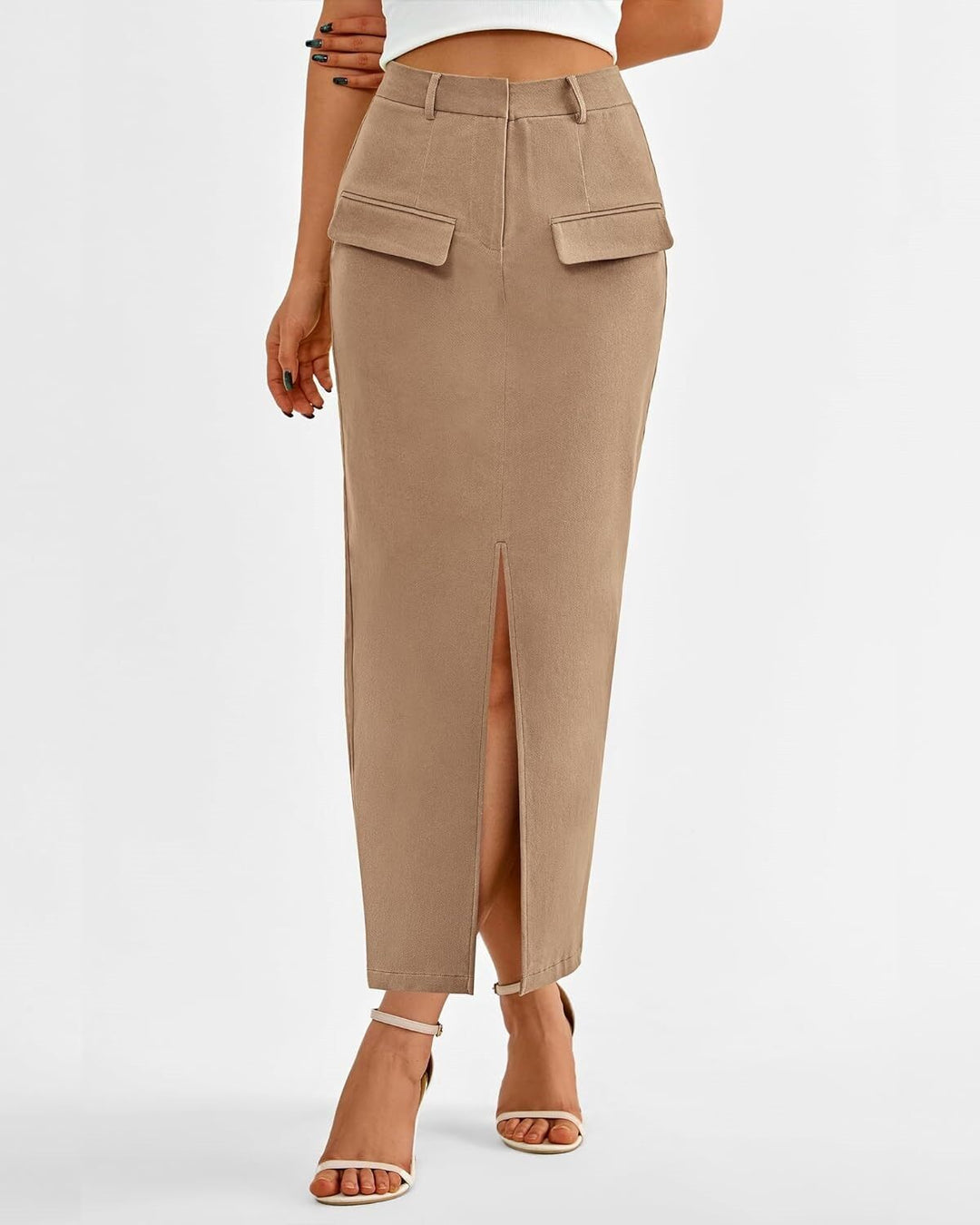 Khaki Front Pocket With Pocket Midi Skirt