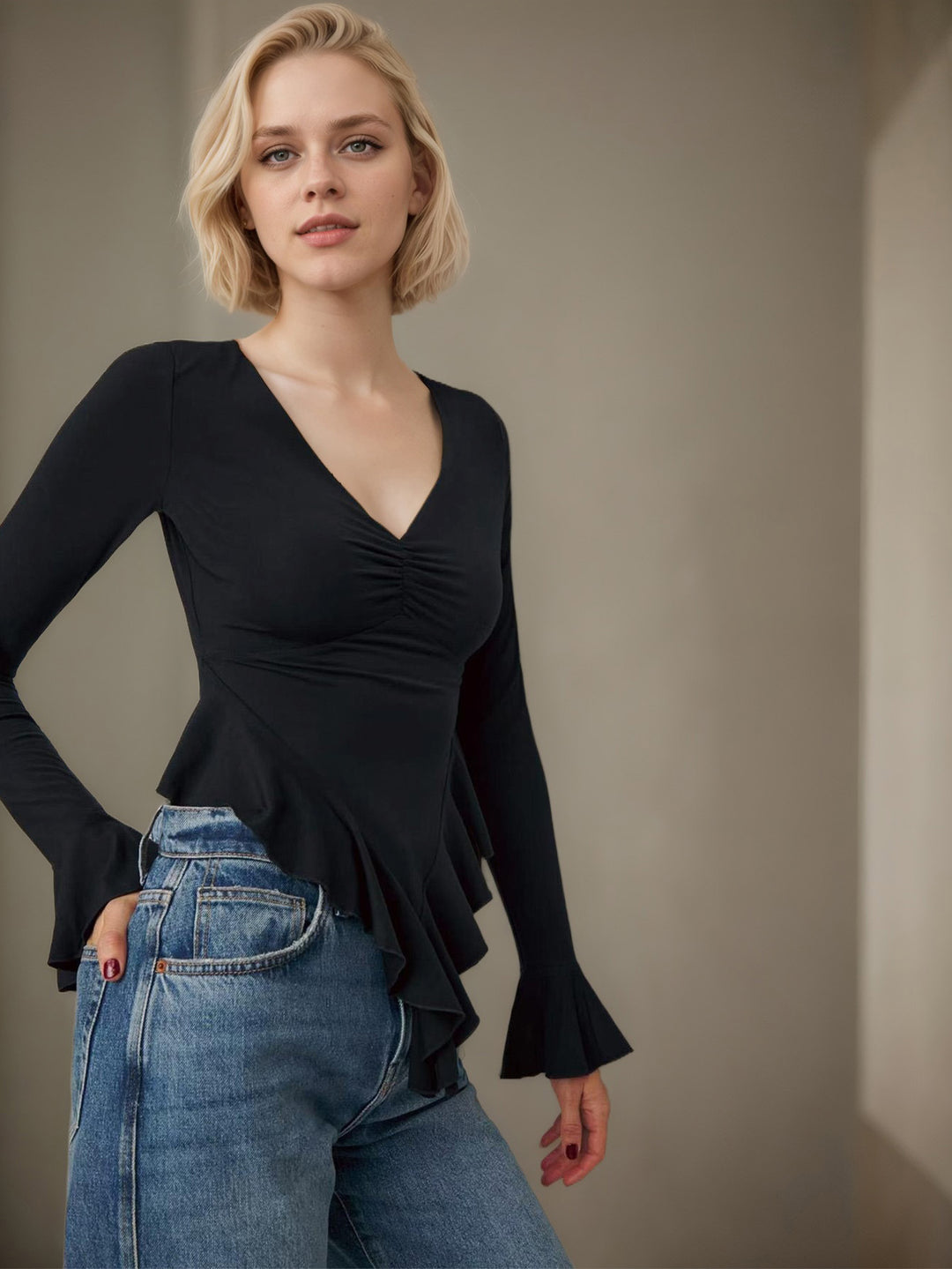Black V-Neck Ruffle Hem Top