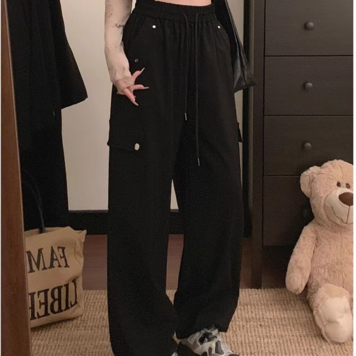 Black Snap Button Cargo Pockets Jogger