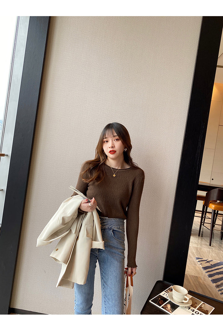 Brown Full Sleeve Scallop Hem Mock Neck Fitted Top