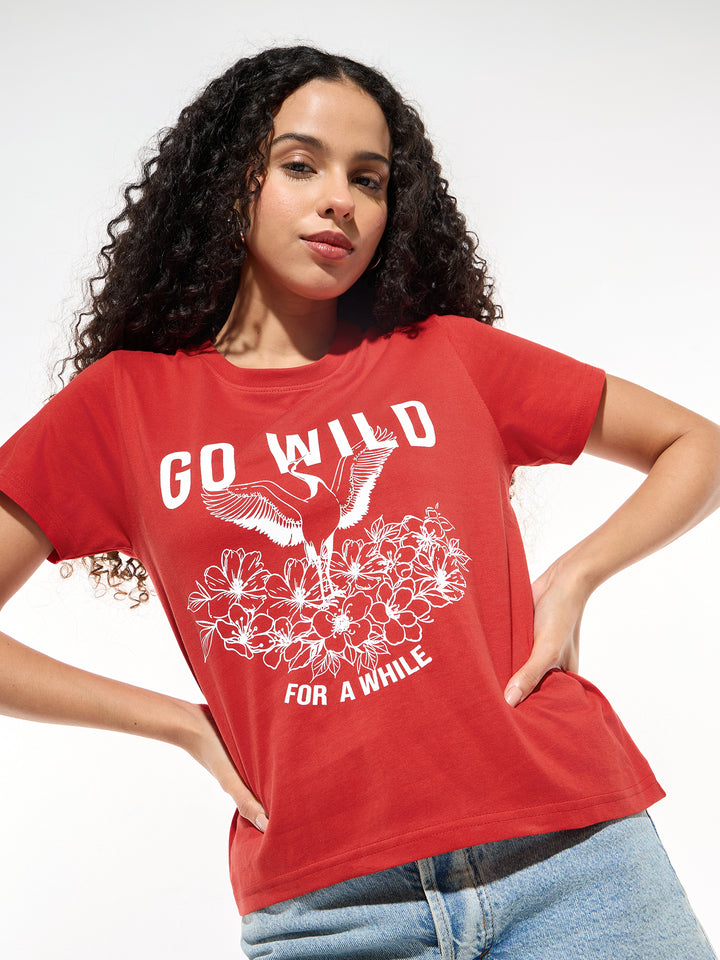Red Crew Neck Graphic Tshirt