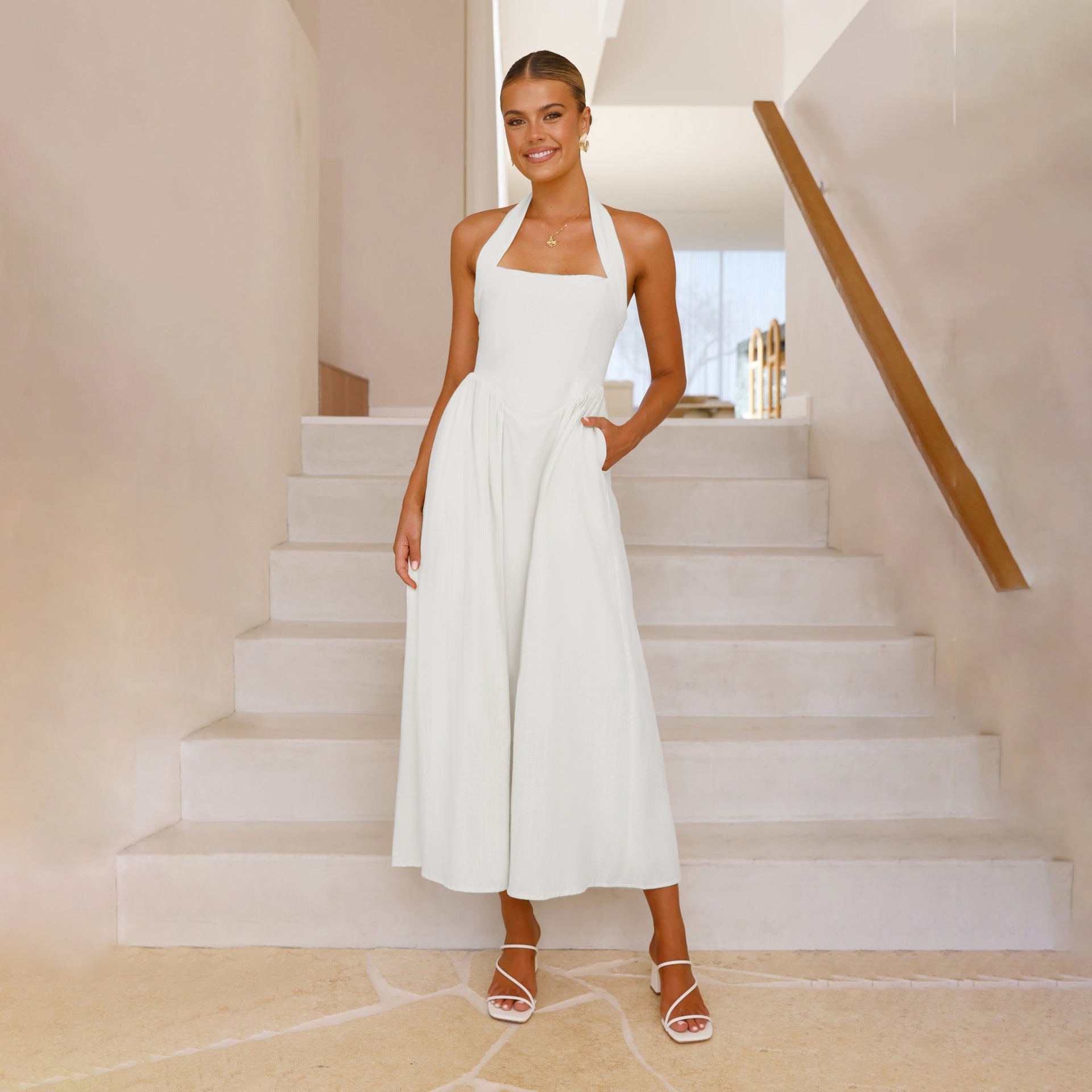White Halter Square Neck Dress
