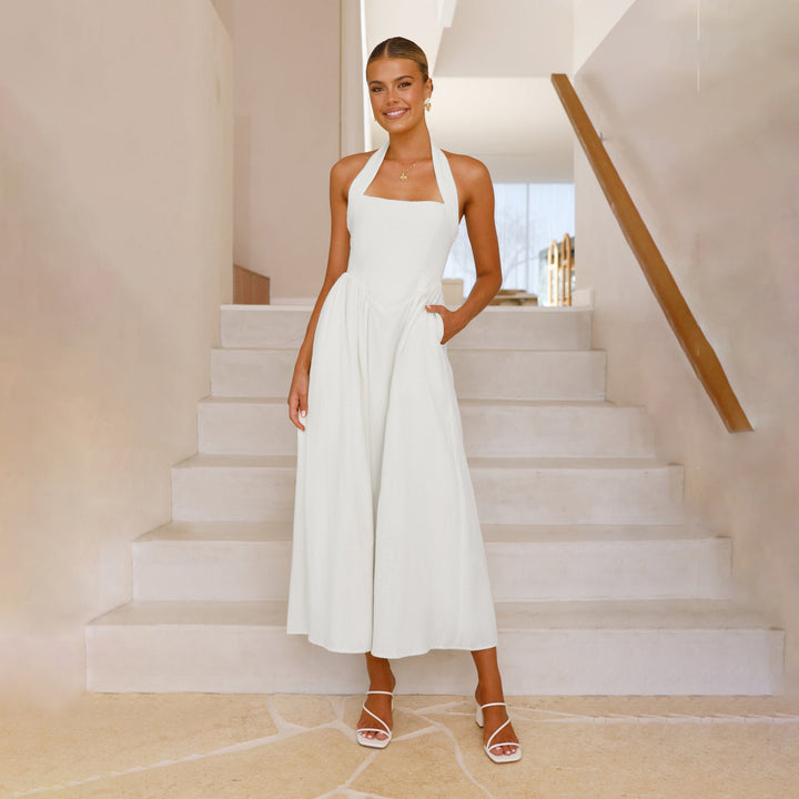 White Halter Square Neck Dress