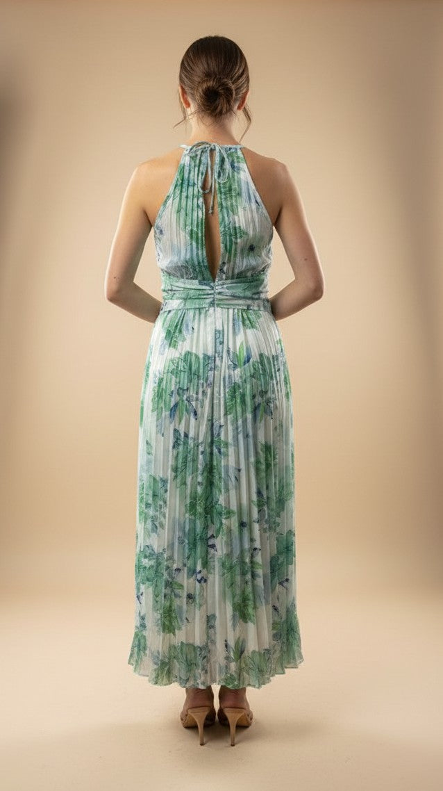 Green Halter Neck Flared Dress