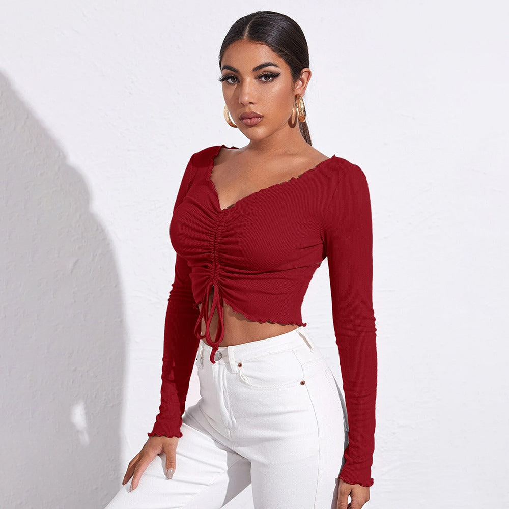 Red Full Sleeved V-Neck Ruched Top